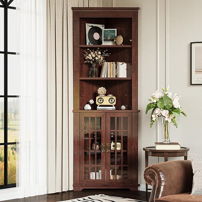 IRONCK 71.3'' Tall Corner Cabinet, Mid Century Storage Cabinet with Glass Doors & Adjustable Shelf, Bathroom Storage with 3 Open Shelf, Home Space Saver for Bathroom, Living Room, Red Walnut | Mid Century, Glass Doors, Adjustable Shelf, Bathroom Storag...