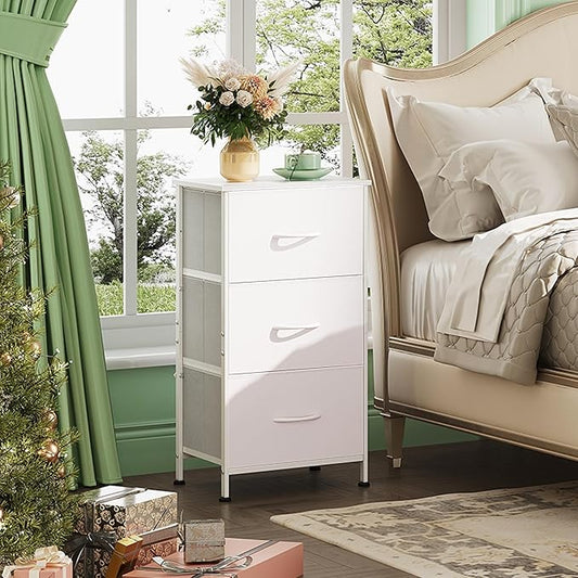WLIVE Nightstand with 3 Drawers, Fabric Dresser, Organizer Unit, Storage Dresser for Bedroom, Hallway, Entryway, Closets, Sturdy Steel Frame, Wood Top, Easy Pull Handle, White
