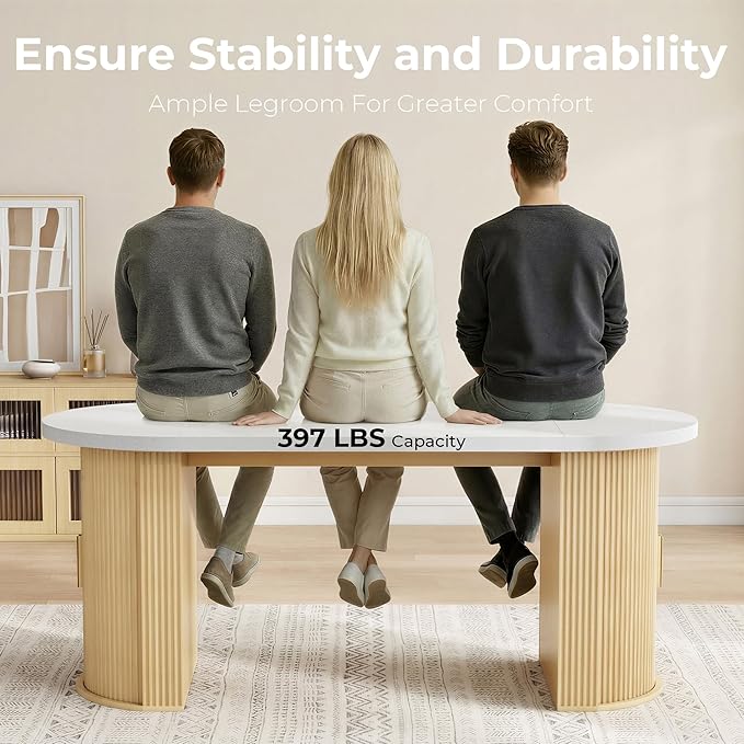 IRONCK 71" Fluted Oval Dining Table for 4-6, Modern Farmhouse Kitchen Table with Storage Shelves, Thickened Gray & White Quartz Top and Sturdy Base for Dining Room or Home Office, Oak