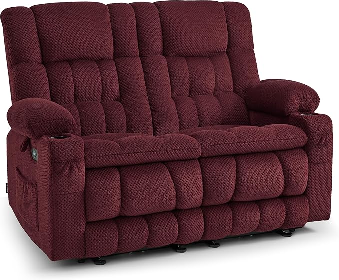 MCombo 57" Power Loveseat Recliner, Electric Reclining Loveseat Sofa with Heat and Vibration, Cupholders, USB Charge Ports for Living Room 6314 (Burgundy, Loveseat)