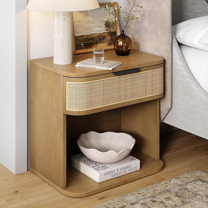Nathan James Keith Farmhouse Bedside Table, Modern Coastal Nightstand, Rattan Nightstand with 1 Drawer for Bedroom, Light Brown
