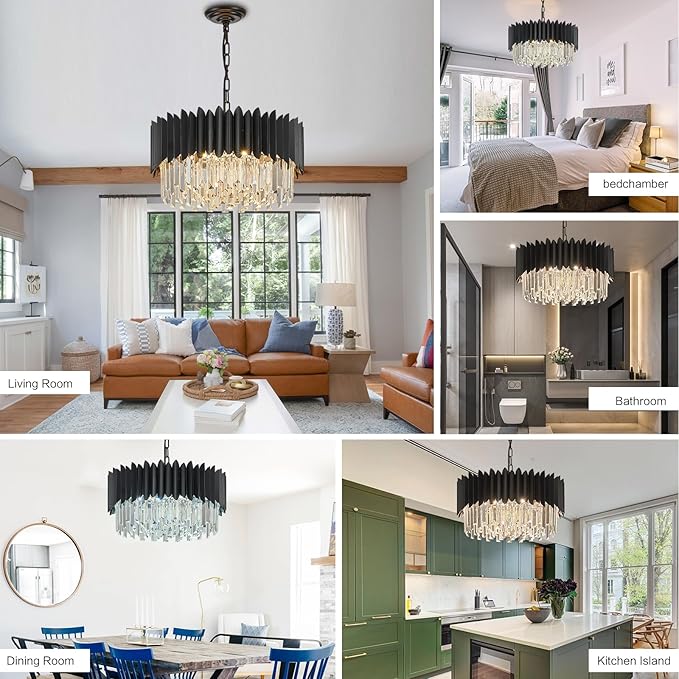 Black Crystal Chandelier 20'' K9 Crystal Round Pendant Lights Adjustable 4-Tier Large Modern Crystal Chandelier 6-Lights for Dining Room Living Room Kitchen Foyer Entryway