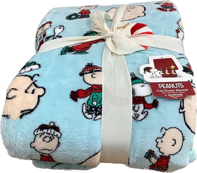 Berkshire Blanket & Home Co Peanuts Winter Blanket, Polyester (Light Blue - Characters Singing and Peppermint Snowball, Full/Queen)