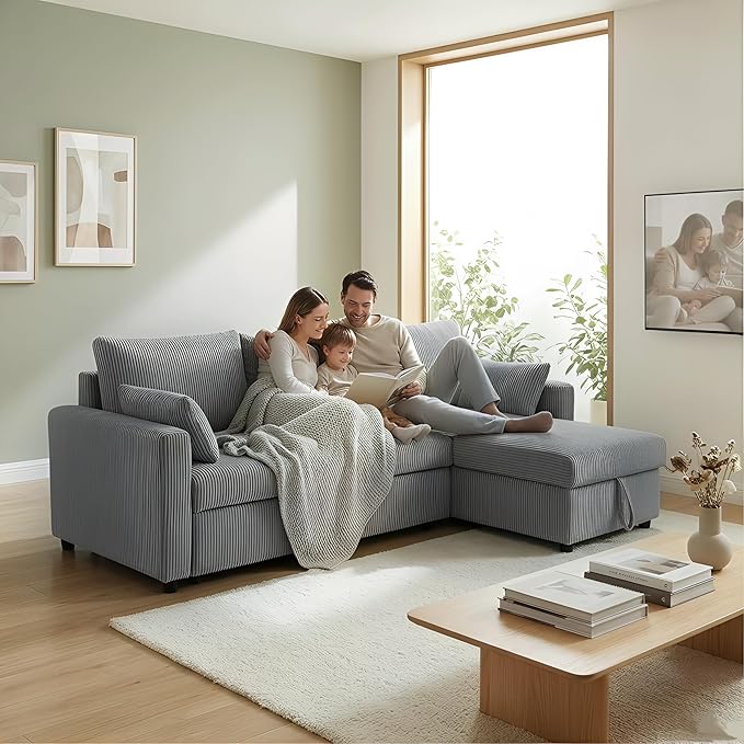 Sectional Sleeper Sofa with Pull Out Bed, L Shape Convertible Sofa Bed Couch with Storage Chaise, 3 in 1 Pull Out Sofa Bed with 3 Seats for Living Room,Apartment, Gray, 85Inch