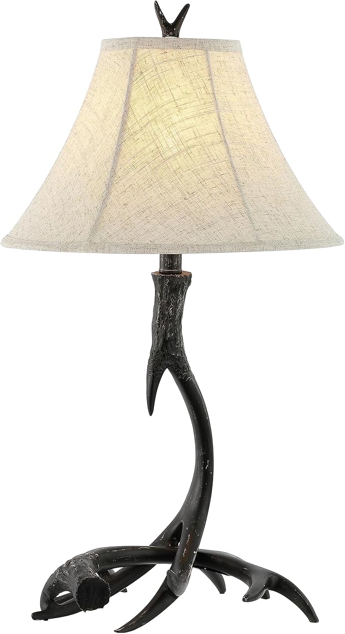 JONATHAN Y 27.5" Black Antler Rustic Resin Table Lamp for Living Room Bedroom, Light Grey Linen Shade, Farmhouse Lodge Nightstand Lamp, LED Bulb Included (JYL6305C)