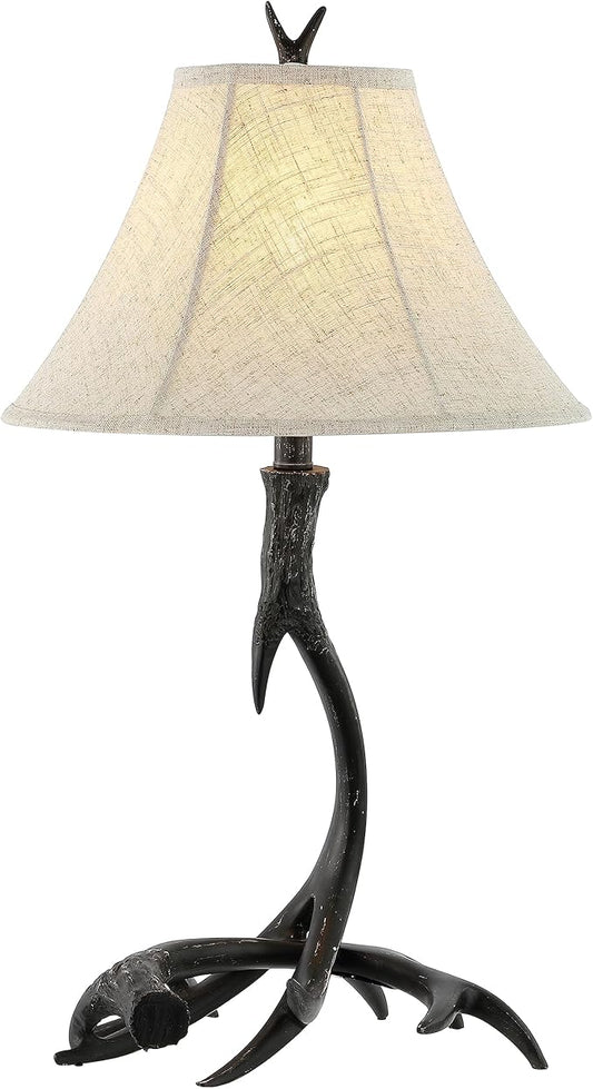 JONATHAN Y 27.5" Black Antler Rustic Resin Table Lamp for Living Room Bedroom, Light Grey Linen Shade, Farmhouse Lodge Nightstand Lamp, LED Bulb Included (JYL6305C)
