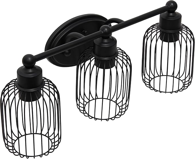 Elegant Designs VT1022-BLK 22" Industrial Farmhouse 3 Light Metal Birdcage Decorative Wall Mounted Vanity Fixture with Matching Metal Oval Backplate, Black