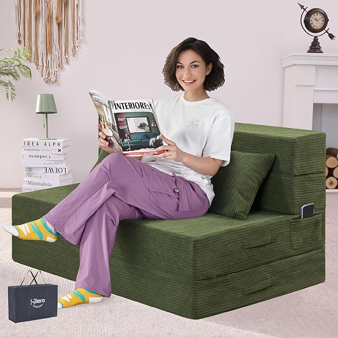 Folding Sofa Bed, 4 in 1 Convertible Sleeper Chair with Pillow, Twin Memory Foam Fold Out Chair Bed, Modern Floor Futon Sofa Couch Mattress for Living Room/Guest/Apartment, Green
