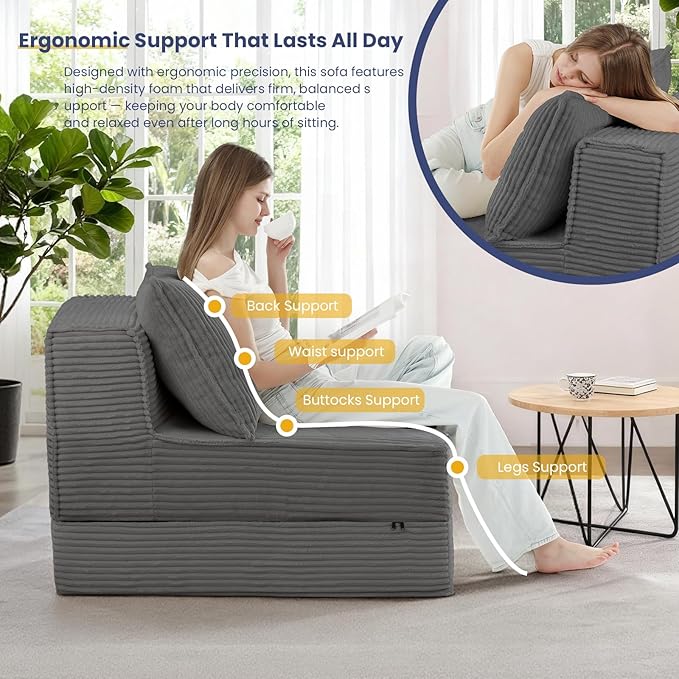 Folding Sofa Bed, Convertible Sleeper Chair with Pillow,Corduroy Comfy Floor Futon for Living Room Bedroom,Modern Accent Reading Chair,No Assembly Required,Grey