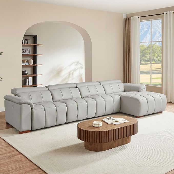 KEIKI 145" L-Shaped Genuine Leather Wall-Hugger Reclining Sofa with Right Chaise, Adjustable Backrest & Footrest, Modern Electric Control 4-Seater Couch with USB, for Living Room, Light Grey