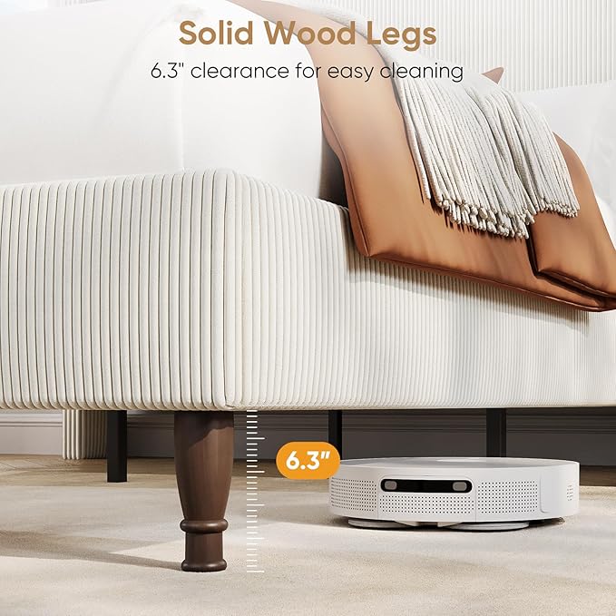 Full Size Bed Frame with Tall Headboard, 55.3" Corduroy Upholstered Platform Bedframe with LED Lights & Charging Station, Cream Full Beds, Wingback Storage Headboard, No Box Spring Needed, Wood Slats