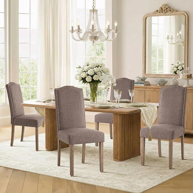 Upholstered Dining Chair Stylish Parsons Kitchen High Back with Silver Nailhead Trim & Wood Legs, 6-Pack, Fabric Brown