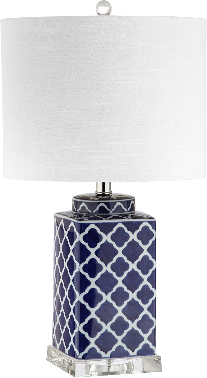 JONATHAN Y 23" Blue/White Chinoiserie Ceramic LED Table Lamp, Hand-Painted Trellis Ginger Jar Design for Living Room Bedroom, White Linen Drum Shade, LED Bulb Included JYL3011A