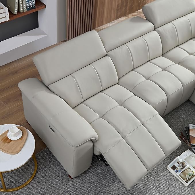 KEIKI 113" L-Shaped Genuine Leather Wall-Hugger Reclining Sofa with Right Chaise, Adjustable Backrest & Footrest, Modern Style Electric Control 3-Seater Couch with USB, for Living Room, Light Grey