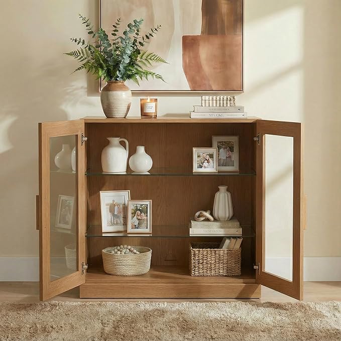 Casaphoria Adam Sideboard Buffet Cabinet with Storage, Display Cabinet with Glass Doors & Adjustable Shelves, 31" W x 36" H Buffet Cabinet for Entryway Kitchen Living Room, Oak