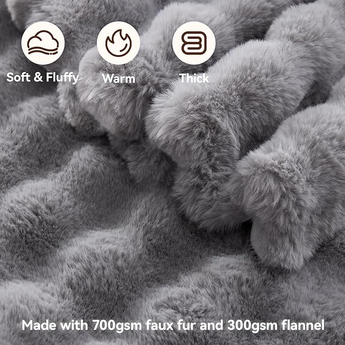 Faux Fur Throw Blanket, 1000GSM Fluffy Soft Bubble Blanket for Couch Bed, Cozy Plush Warm and Thick Blanket, Fuzzy Rabbit Throw for Living Room Bedroom 60''*80'' Light Grey