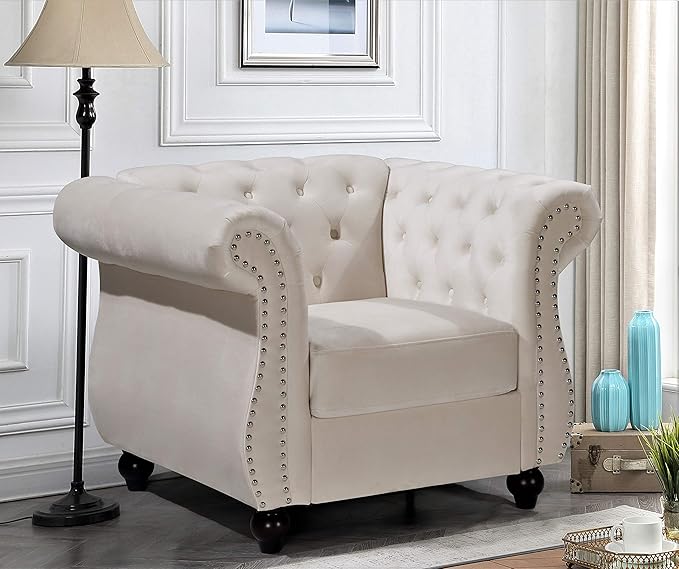 Container Furniture Direct Feinstein Modern Velvet Chesterfield Couches for Living Room with Nailheads, Diamond Tufting & Durable Metal Frame, Chair, Loveseat & Sofa, Ivory