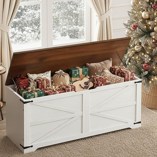 DWVO Wooden Storage Bench, Farmhouse Storage Chest with Safety Hinges, Entryway Shoe Organizer, Multi-Use Storage for Living Room/Bedroom, 47.2" L, White and Walnut