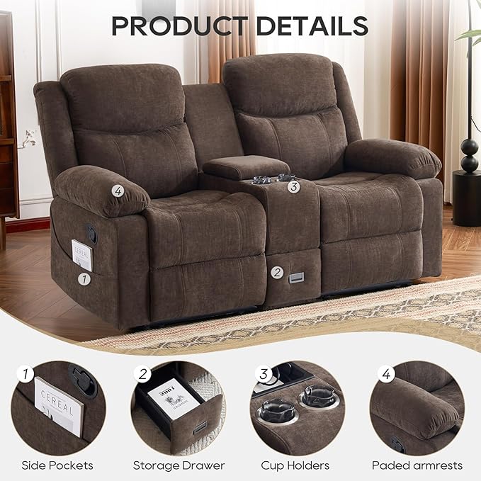 Recliner Sofa, Reclining Loveseat Sofa with Massage & Heat, Reclining Couch with Side Pockets, Extra Storage, Cup Holders for Living Room
