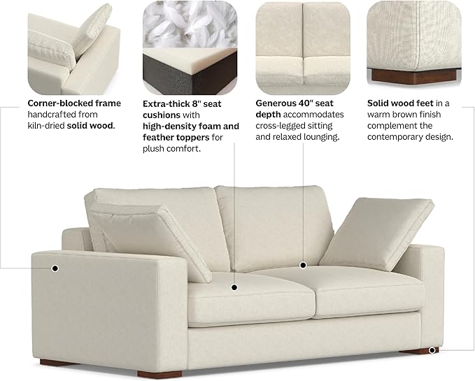 SIMPLIHOME Charlie Sofa in 100% Recycled Polyester Tightly Woven Performance Fabric, Cream, 78-inches Wide, Handcrafted Contemporary Style Loveseat Sofa or Couch for Living Room
