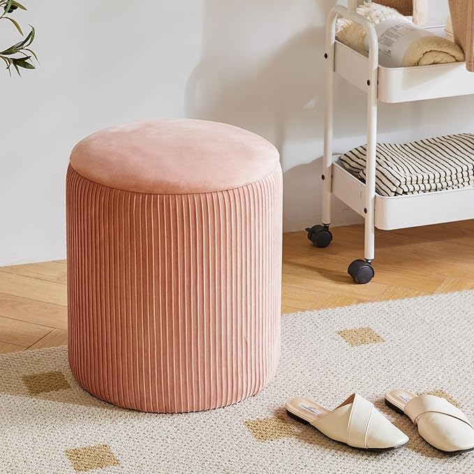 IBUYKE Round Ottoman with Storage Set of 2 Boucle Ottoman End Table for Living Room Vanity Stool Velvet Footrest Stool Bar Stool Pink UWBD005P