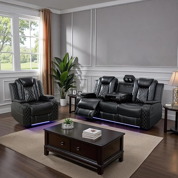 Power Recliner Sofa Sets for Living Room, Leather Recliner Sofa Set with LED Light, Console Storage, Cup Holder for Home Theater Seating(Sofa and Chair,Black)