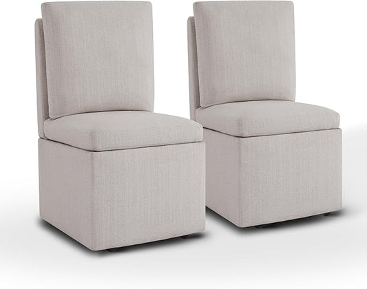 Upholstered Dining Chairs with Casters, Modern Dining Room Chairs Set of 2 with Hidden Storage & 4 Wheels, Single Sofa Chair for Kitchen, Reading Room, Waiting Room, Linen