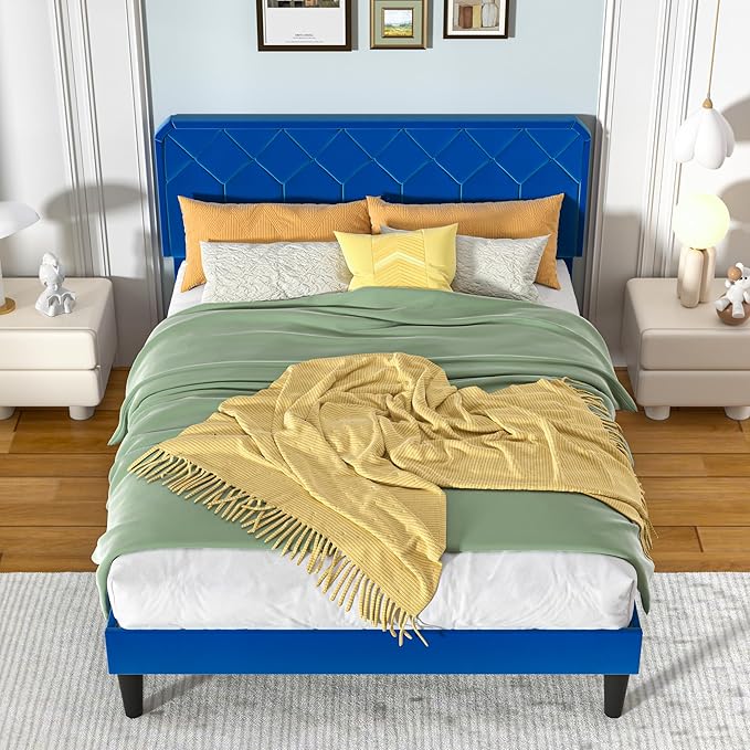 VECELO Queen Size Bed Frame, Velvet Upholstered Platform with Adjustable Headboard, Mattress Foundation with Solid Wood Slats, No Box Spring Needed, Easy Assembly