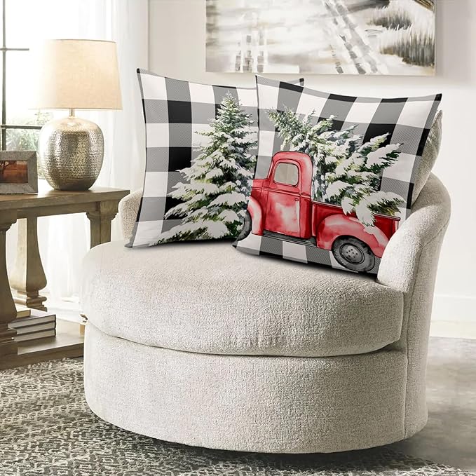 Christmas Pillow Covers 16 x 16 Set of 2 Black and White Check Buffalo Plaid Throw Pillow Covers Christmas Tree Truck Pillow Cases for Farmhouse Living Room Decor