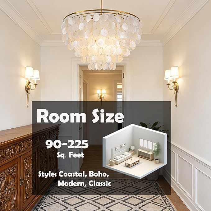 Wellmet Capiz Shell Chandelier, 6 Lights Gold Coastal Chandeliers for Dining Room, Modern Pendant Lighting Fixtures with Seashell Shade for Bedroom Living Room Hallway Foyer, W-23.62”