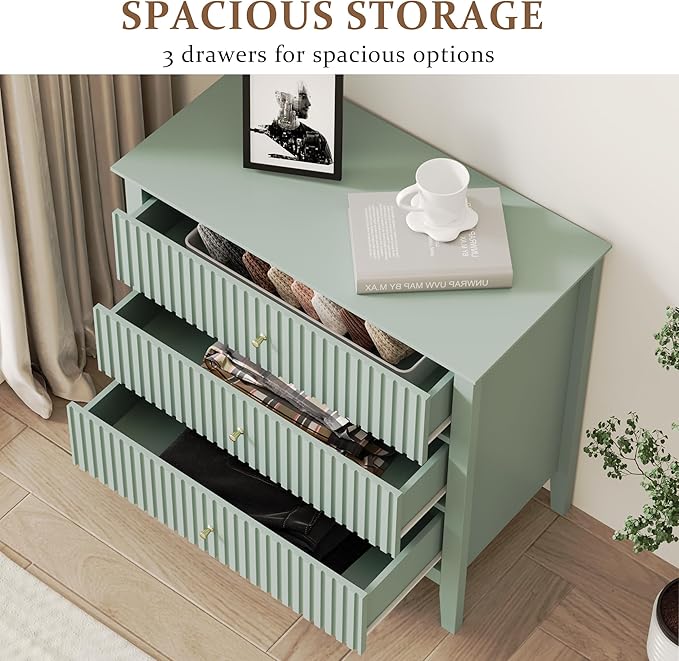 Large Sage Green Fluted 3-Section Set of 2, Modern 30 Inch Tall Wood Side Unit with Ball Bearing Slides, Wide Accent Furniture with Spacious Compartments for Living Room Entryway