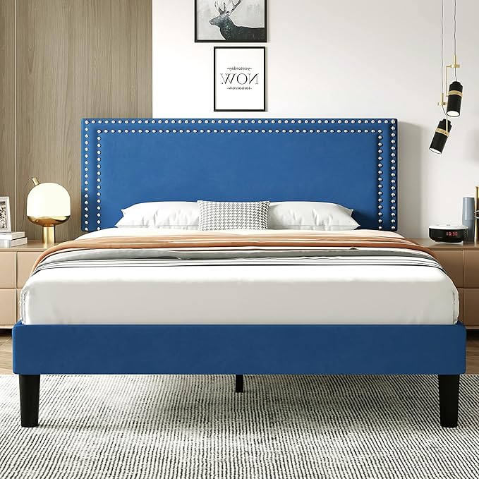 VECELO Queen Size Bed Frame with Adjustable Upholstered Headboard, Wooden Slats Platform, Noise-Free Design, Easy Assembly