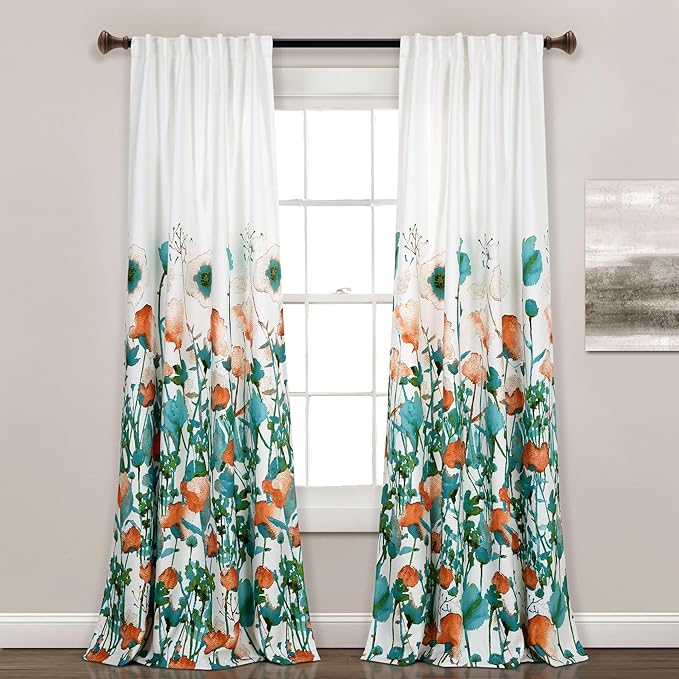 Lush Decor Zuri Flora Room Darkening Window Curtain Panels Pair 52" W x 84" L Turquoise & Orange - Room Darkening Curtains for Bedroom - Floral Curtains