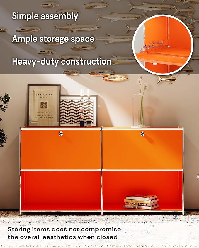Metal Sideboard with 2 Flap Doors, DIY Modern Home Furnishing,Perfect for Home, Office, Kitchen, Hallway,Foyer Organization(Matt Orange)