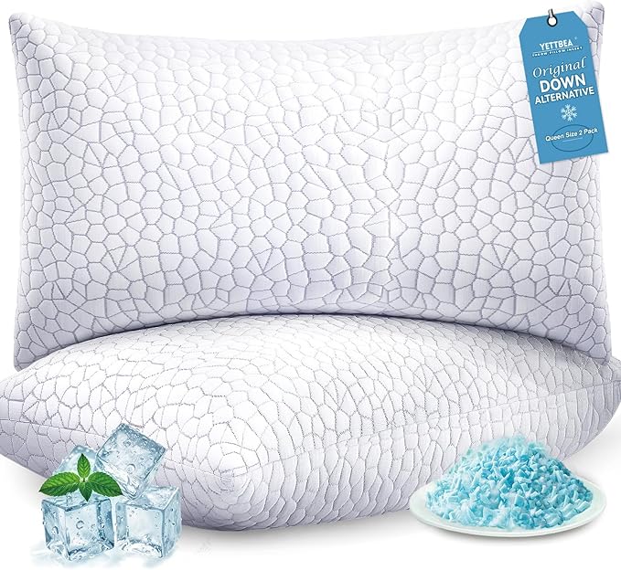 Yettbea Adjustable Shredded Memory Foam Pillows Queen Size Set of 2, Luxury Cooling Bamboo Rayon Pillow w/Washable Zippered Cover, Soft or Firm Support Bed Pillow for Side, Back, Stomach Sleeper