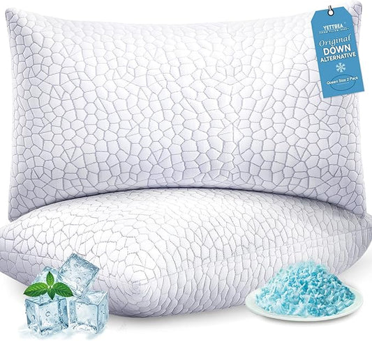 Yettbea Adjustable Shredded Memory Foam Pillows Queen Size Set of 2, Luxury Cooling Bamboo Rayon Pillow w/Washable Zippered Cover, Soft or Firm Support Bed Pillow for Side, Back, Stomach Sleeper