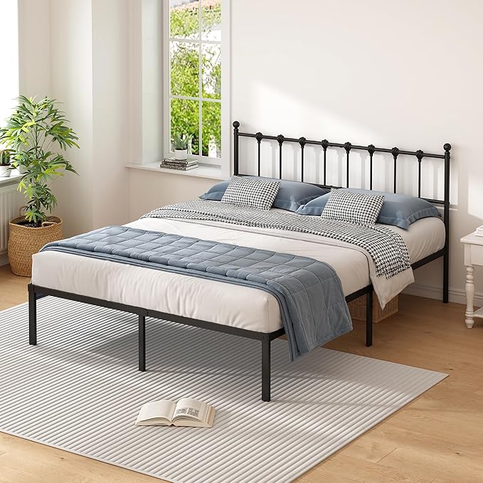 Queen Size Bed Frame with Modern Headboard, Metal Platform Bed Base with Strong Support, No Box Spring Needed, Easy Assembly, Noise Free，Black