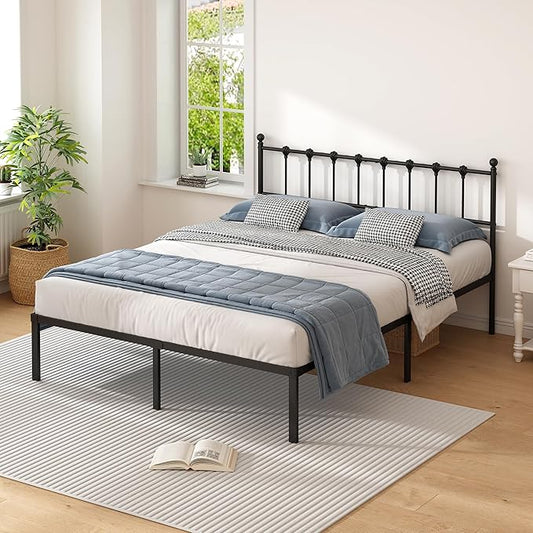 King Size Bed Frame with Modern Headboard, Metal Platform Bed Base with Strong Support, No Box Spring Needed, Easy Assembly, Noise Free，Black