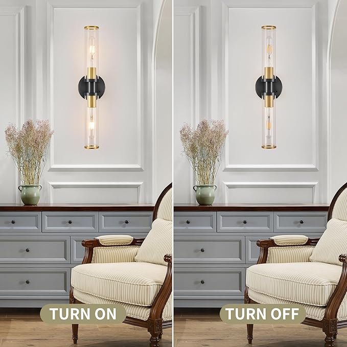 Wireless Wall Sconce with Remote Control, Black Gold Battery Operated Wall Lights, Easy Install Dimmable Rechargeable Sconces Wall Decor Set of 2 for Living Room Bedroom Hallway Stairwell, 3000K