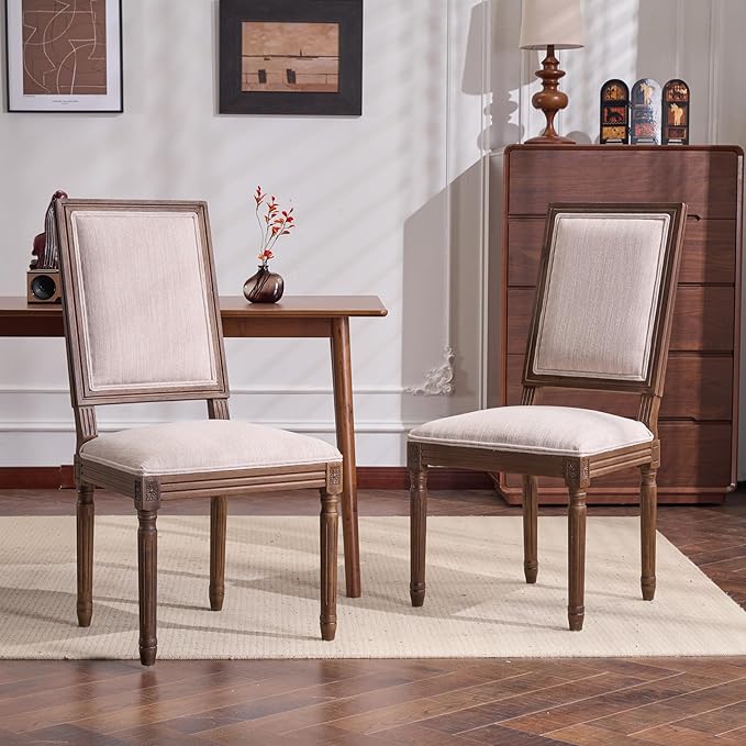 Christopher Knight Home Regina French Country Dining Chairs Set of 2, Wooden Dining Room Chair, High Back Kitchen Side Chair, Fabric Upholstered Armless Extra Seat, Beige+Walnut