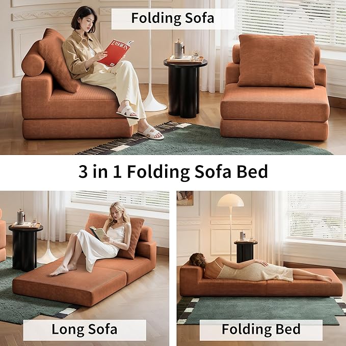 Folding Sofa Bed, 3-in-1 Convertible Sleeper Chair Bed with Pillows, Foldable Floor Couch with High-Density Foam, Futon Small Boneless Couch for Living Room Bedroom Lounge, Single, Brown