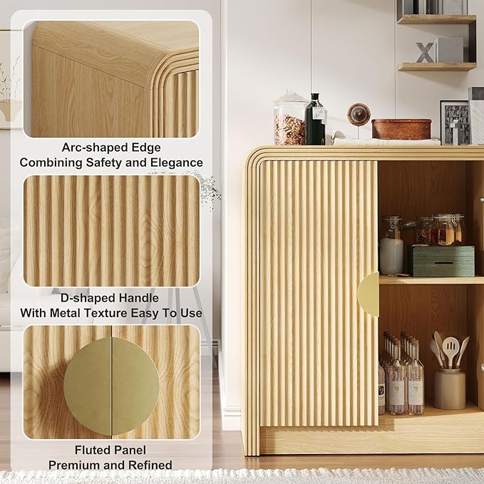 55" Buffet Sideboard Cabinet, Mid Century Modern Console Cabinet with Wavy Grain Doors & Adjustable Shelves for Kitchen Cabinets, Living Room, Entryway, Coffee Bar Cabinet (Natural Oak)
