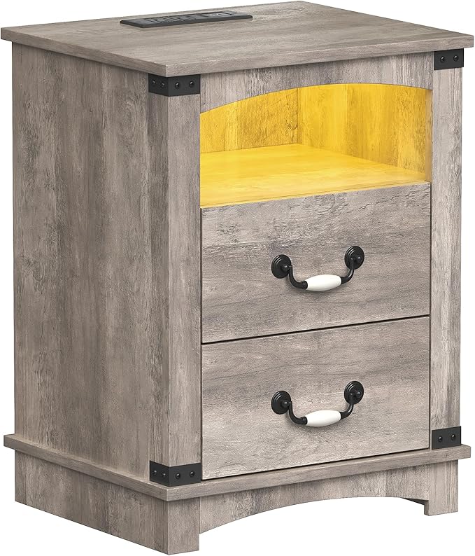 Maupvit Farmhouse Night Stand with Charger Station & Ceramic Handle, Wood Nightstand with 2 Storage Drawers, LED Bedroom Nightstand, Bedside Tables, Grey