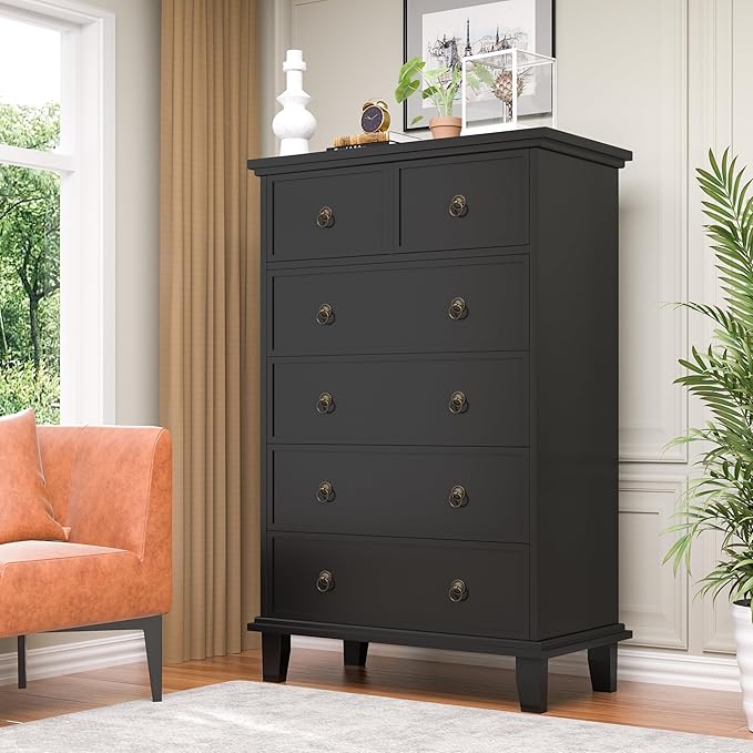 Tall Dresser for Bedroom Black 6 Drawers Dresser Tall Chest of Drawers, Modern Farmhouse Storage Cabinet for Living Room, Hallway, Entryway, Home Office