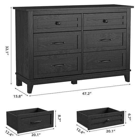GarveeHome 6 Dresser for Bedroom, 47 in Wide Drawer Dresser with Storage Freestanding, Wooden Closet Storage Chest for Living Room, Bedroom, Entryway, Dark Black