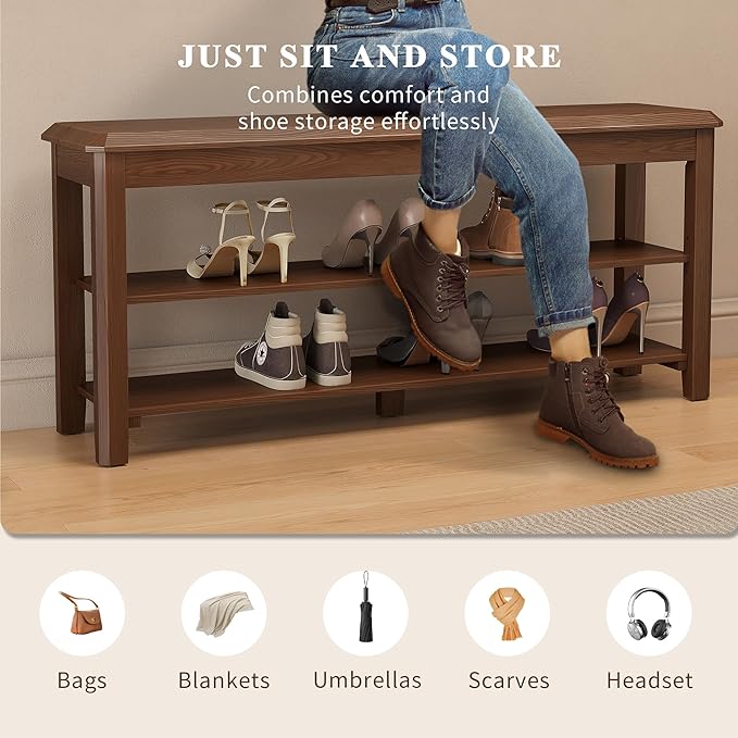 Shoe Rack for Front Door Entrance, Solid Wood Shoe Bench for Closet, Holds Up to 550lbs, Shoe Rack Bench for Entryway, Mudroom, Hallway