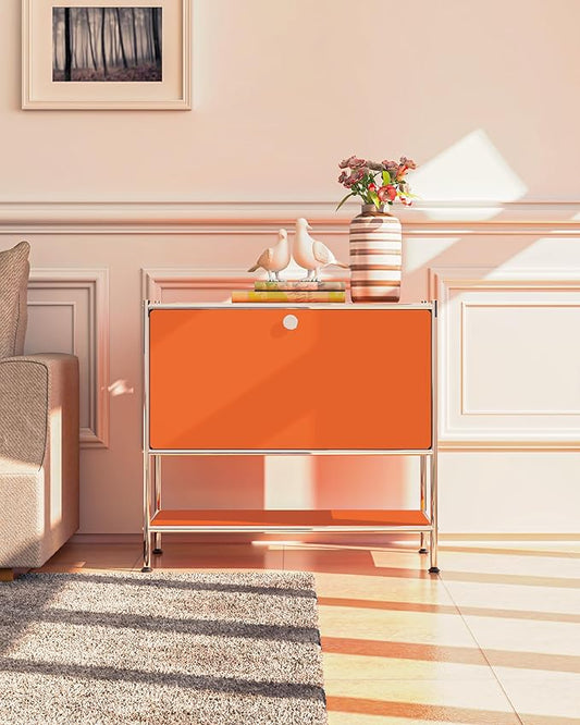 Metal Sidetable with Flap Door, 27.5" Height - DIY Modern Furnishing for Home, Office, Foyer, Bedroom - Night Stand, Book Shelf, Bookshelf, Cube Storage Organizer, Bedside Table (Orange)