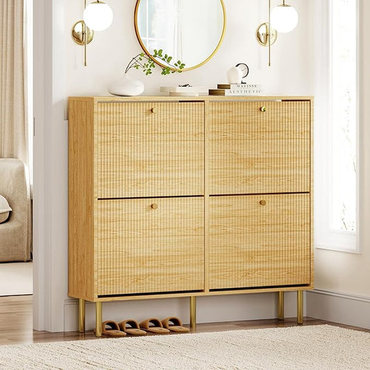 Nicetree Shoe Cabinet Storage for Entryway, Narrow Shoe Rack with Tiered Fluted Design, 4 Flip Drawers & 3-Tier Adjustable Shelves, Shoe Organizer with Gold Legs,Light Natural Oak