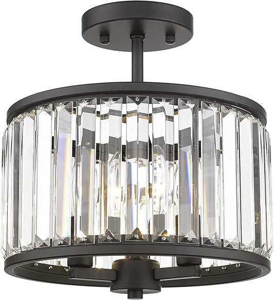 Semi Flush Mount Ceiling Light Fixture, 11" Crystal Light Fixture, 3-Light Modern Lamps with Matte Black Finish for Bathroom, Dinning Room, Hallway, Bedroom, SM821-MB