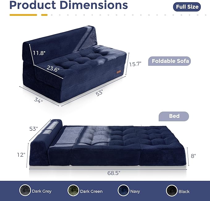 MAXYOYO 8" Folding Sofa Bed, Convertible Sleeper Sofa Lounger Foldable Mattress, Wedge Shape Floor Couch Tufted Fold Out Chair Bed Comfy Floor Couch Lounge for Living Room Bedroom, Loveseat, Navy